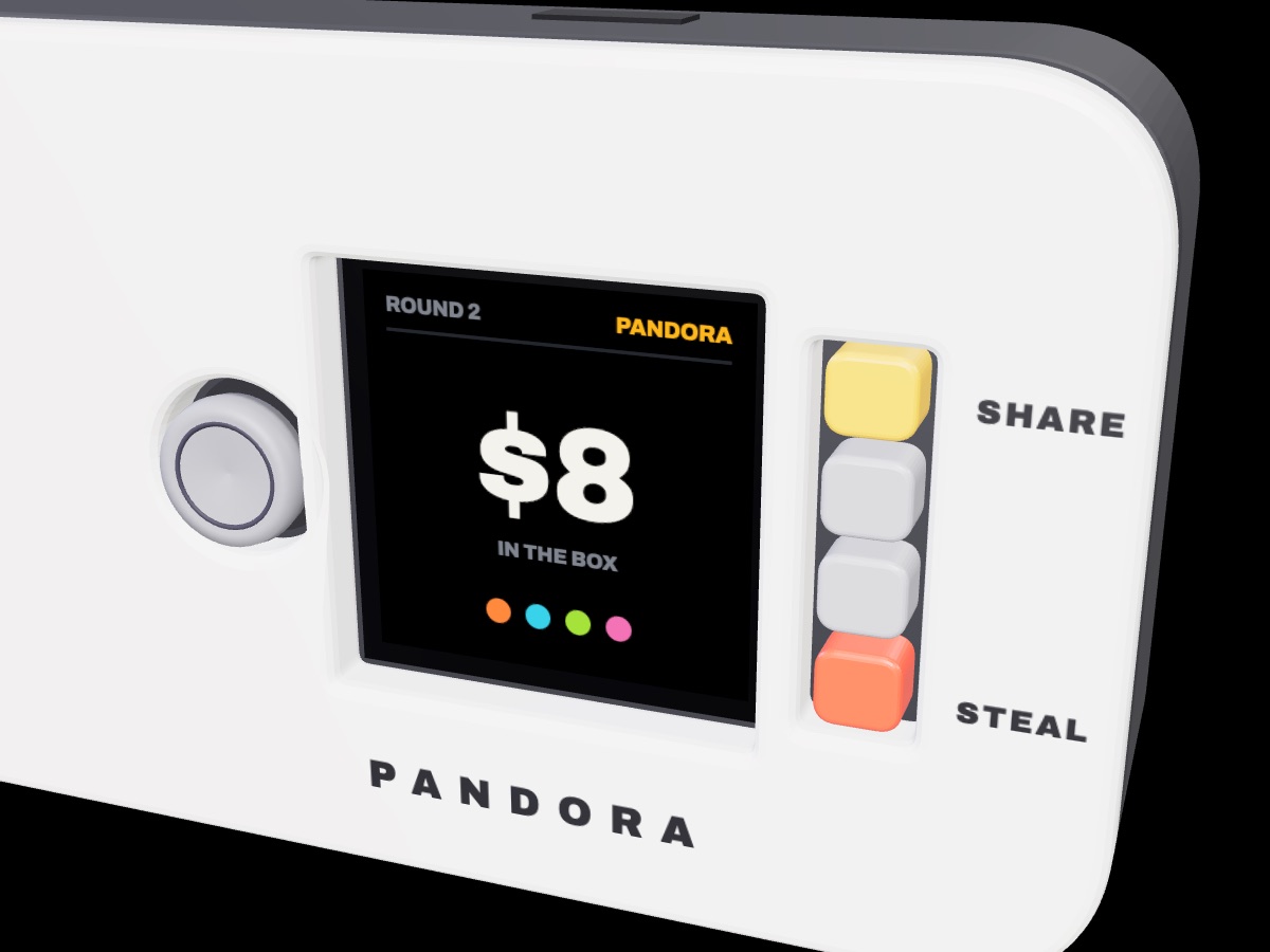 The box's screen showing eight dollars in the box